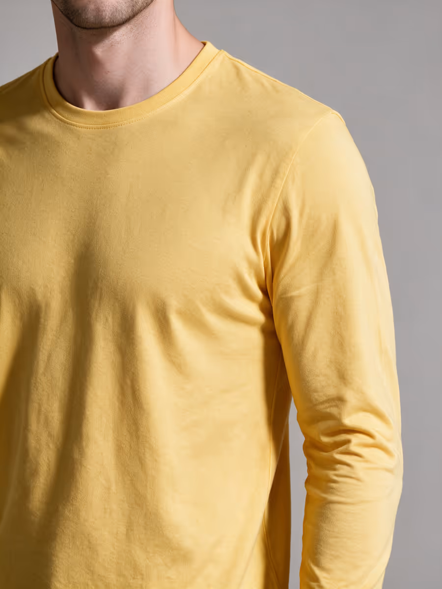 Men's Yellow Full Sleeve Round Neck Plain T-Shirt