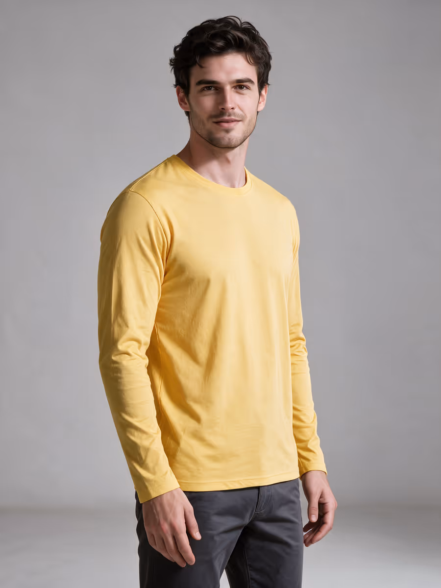 Men's Yellow Full Sleeve Round Neck Plain T-Shirt