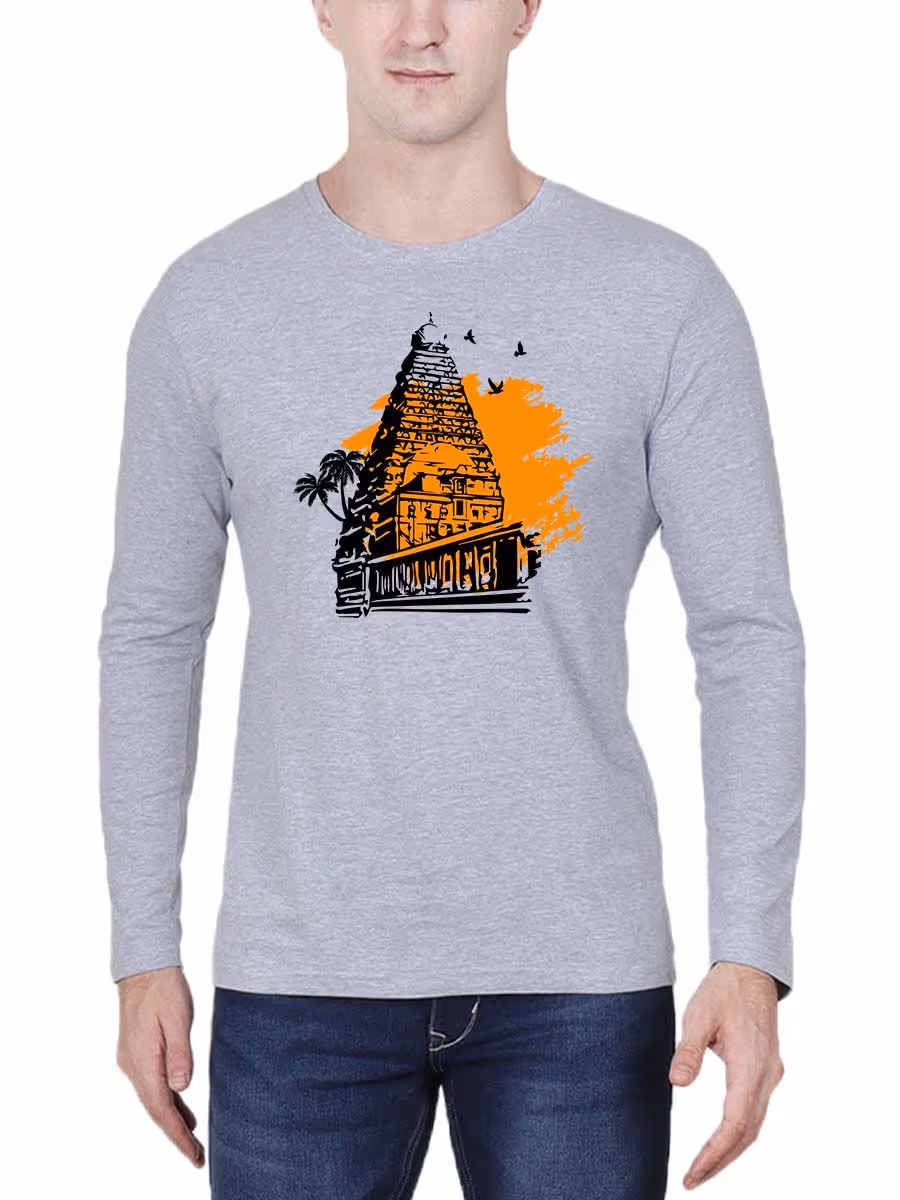 Thanjavur Temple Periya Kovil Grey Melange T-Shirt