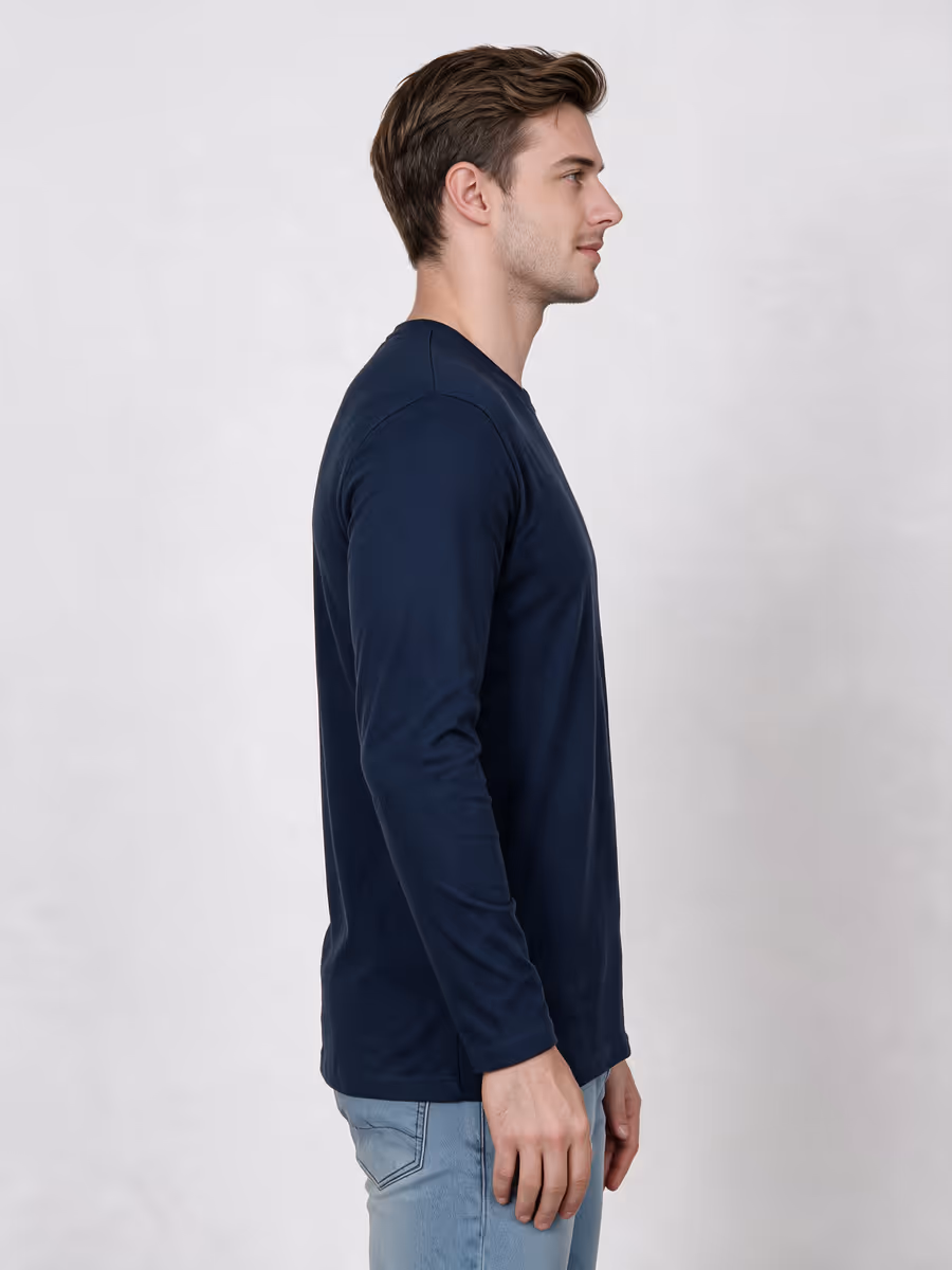 Men's Navy Blue Full Sleeve Round Neck Plain T-Shirt
