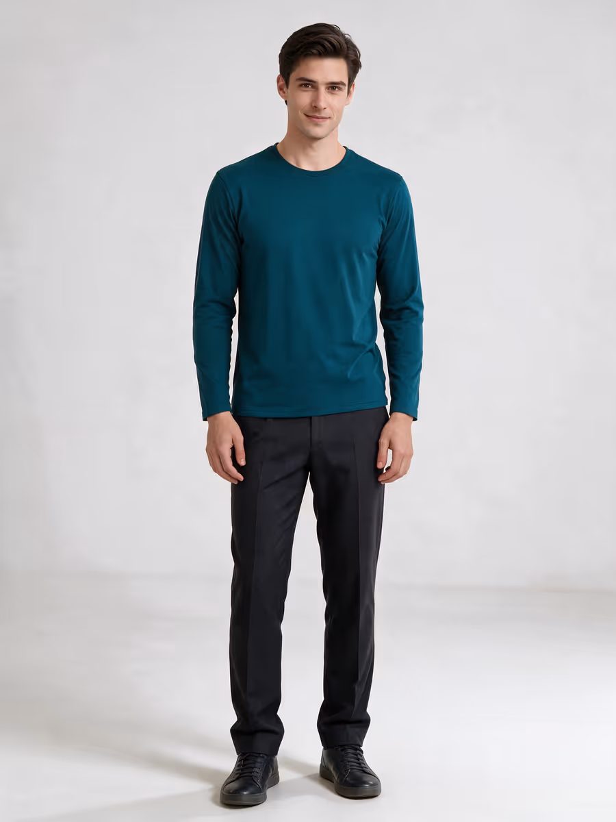 Men's Petrol Full Sleeve Round Neck Plain T-Shirt
