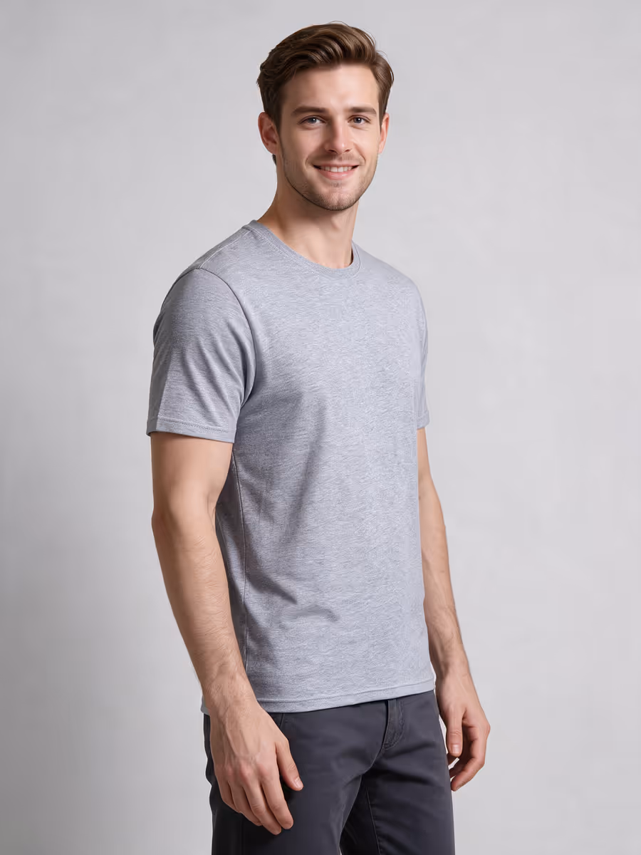 Men's Grey Melange Half Sleeve Round Neck Plain T-Shirt
