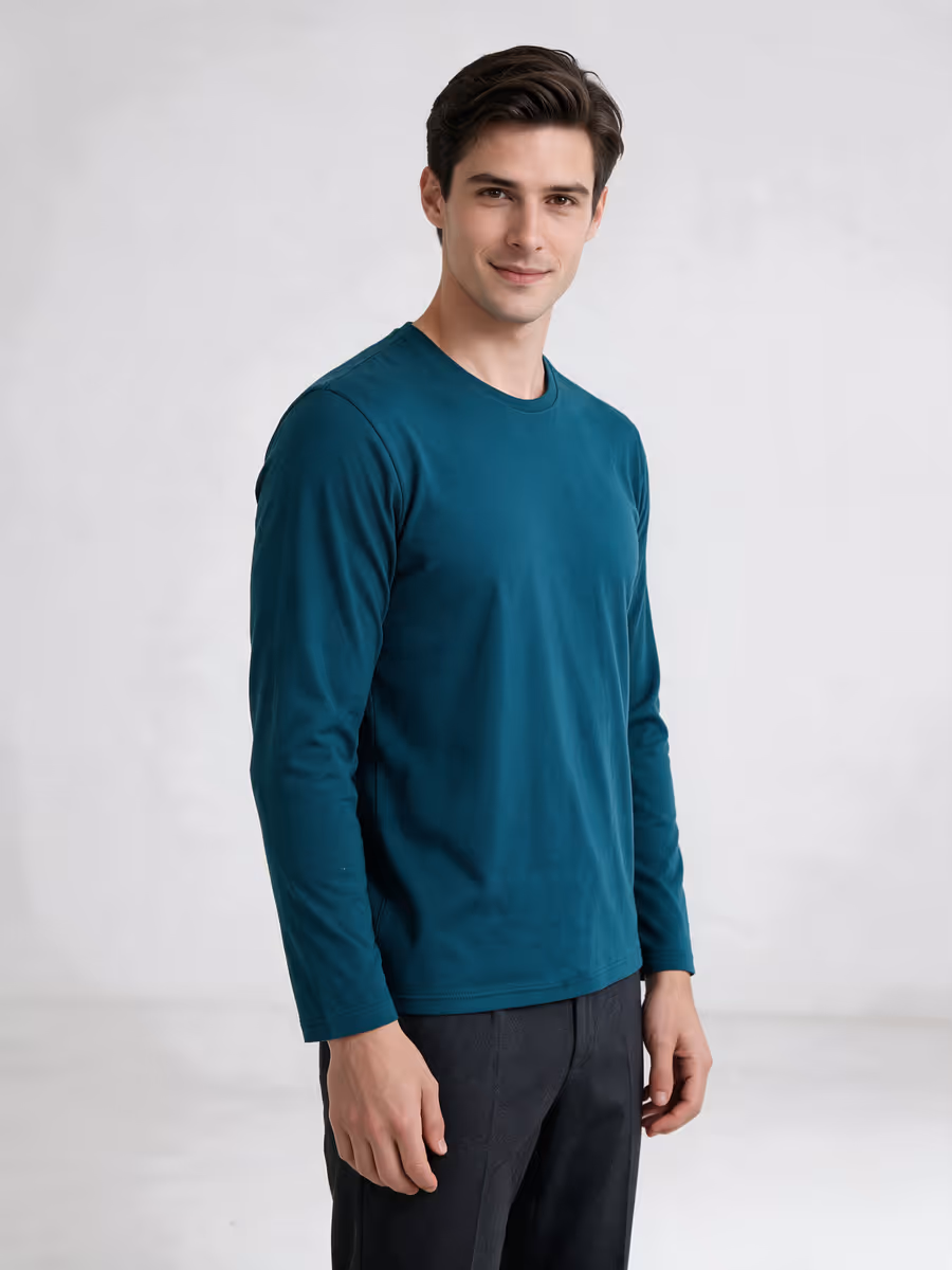 Men's Petrol Full Sleeve Round Neck Plain T-Shirt
