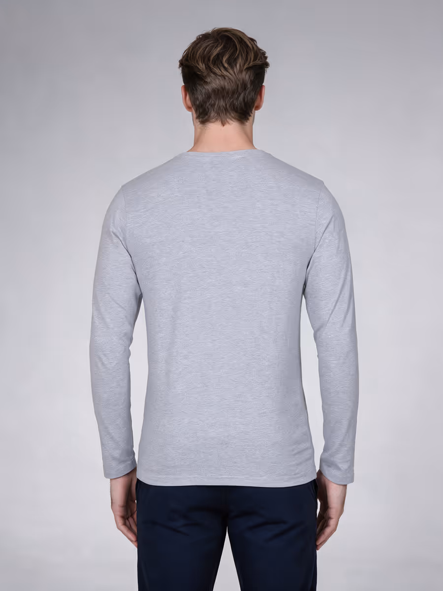 Men's Grey Melange Full Sleeve Round Neck Plain T-Shirt