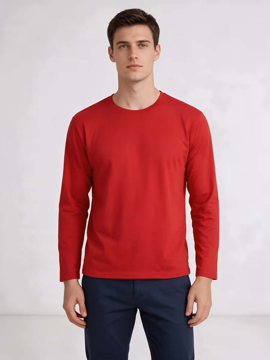 Men's Red Full Sleeve Round Neck Plain T-Shirt