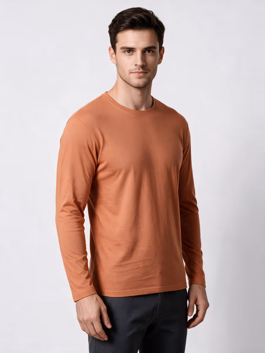 Men's Saffron Full Sleeve Round Neck Plain T-Shirt