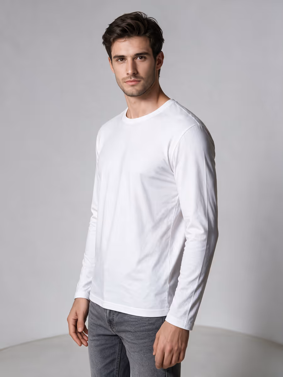 Men's White Full Sleeve Round Neck Plain T-Shirt